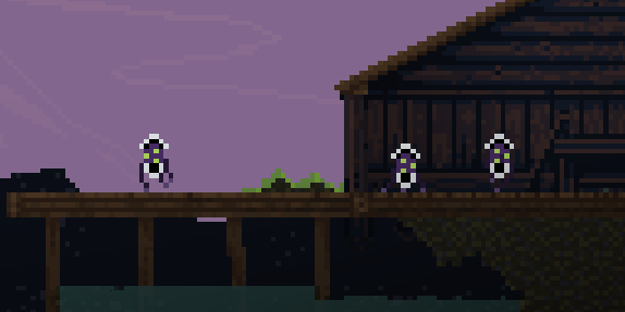 Three Hämis wearing maid costumes. One stands to the left on a pier. Two others are inside a house that's attached to the pier.