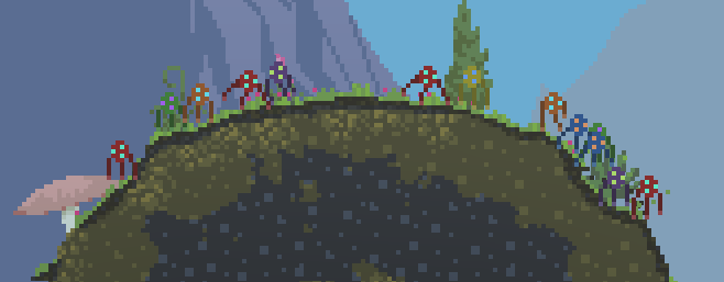 Around ten Hämis in several different colours standing on a circular chunk of land.